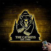 Custom Forest Bear Metal Wall Art Led Lights, Grizzly Bear Metal Sign With Family Name, Personalized Wildlife Canbin Metal Wall Decor